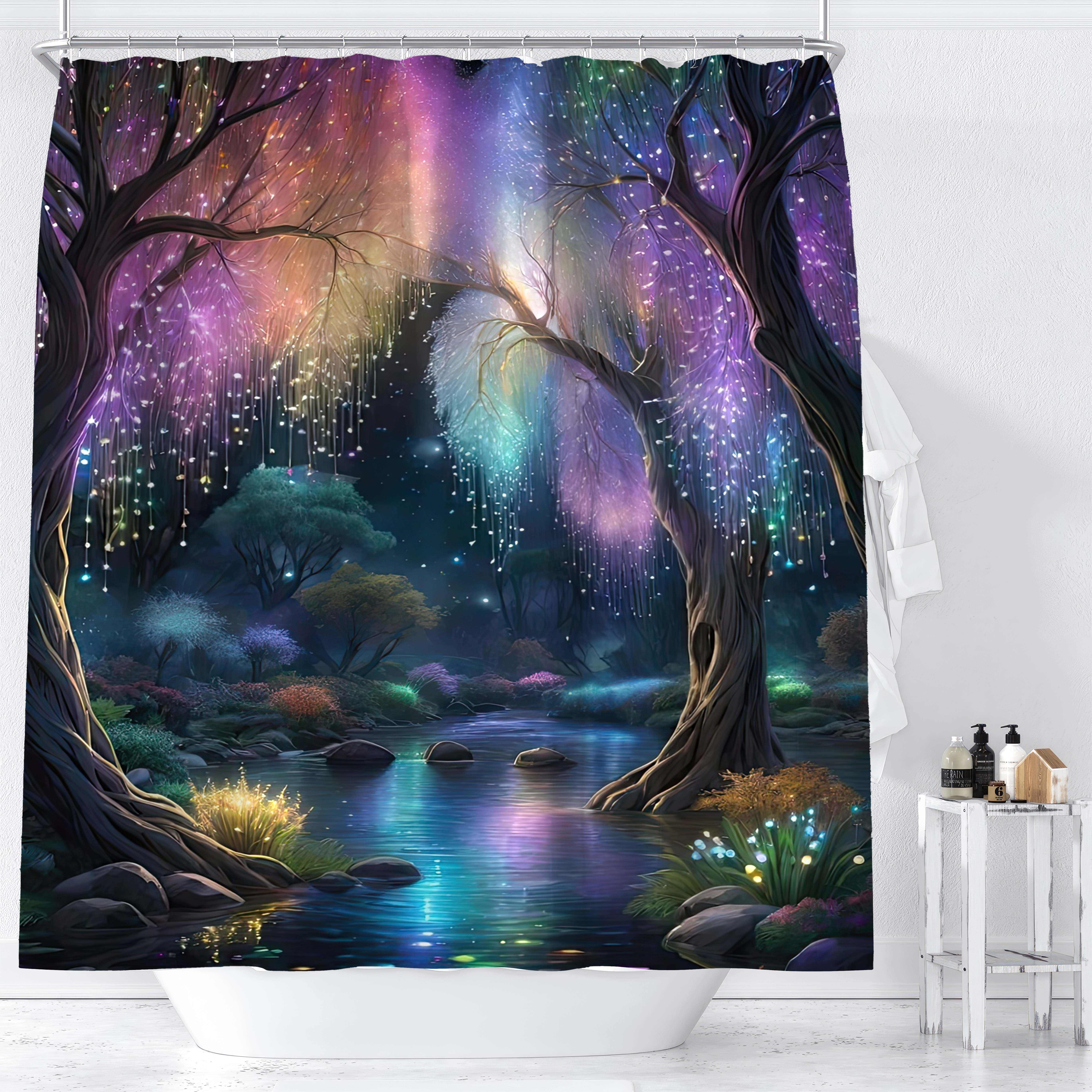 

1pc, Forest Shower Curtain, Colorful Night Lights Lake Scenery Digital Print, Water-repellent Bathroom Decor