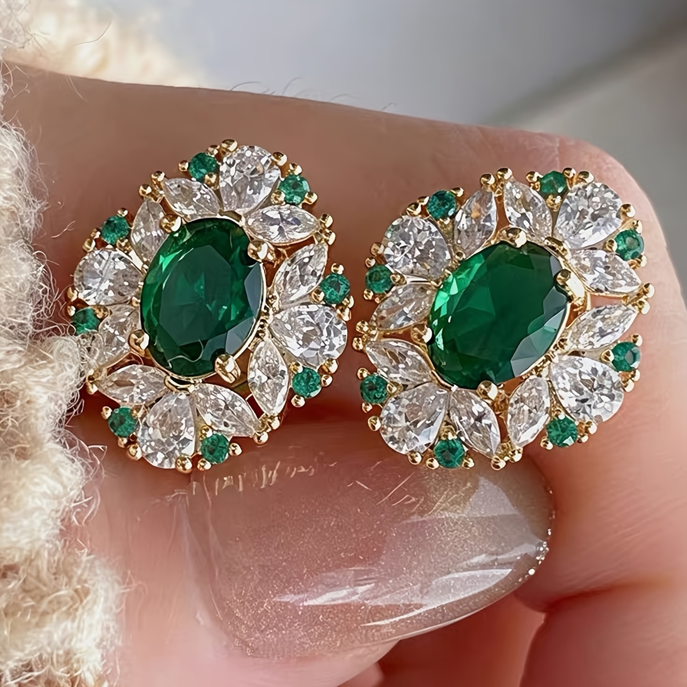 TEMU 1 Pair Of Exquisite And Emerald Synthetic Synthetic Zirconia Copper Alloy Stud Earrings For Parties, Balls, Weddings, And Brides