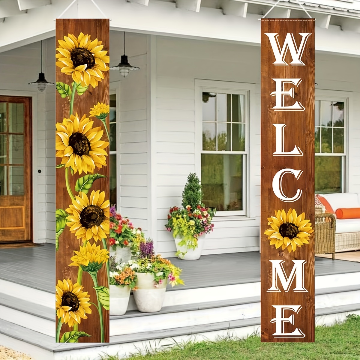 

2pc Sunflower Welcome Polyester Banners - No Electricity Needed - Spring/summer Porch Flags For Front Door, Garden, Home, Yard, Thanksgiving, Sunflower Party Decorations - 12x70.8in