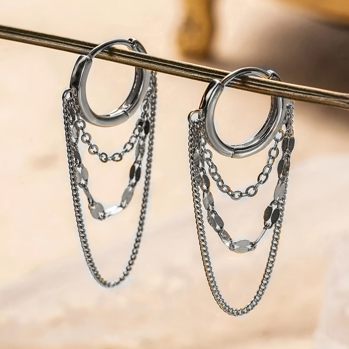 Image of 1pair Delicate Chain Hoop Earrings For Women Fashionable Daily Jewelry Gift For Her