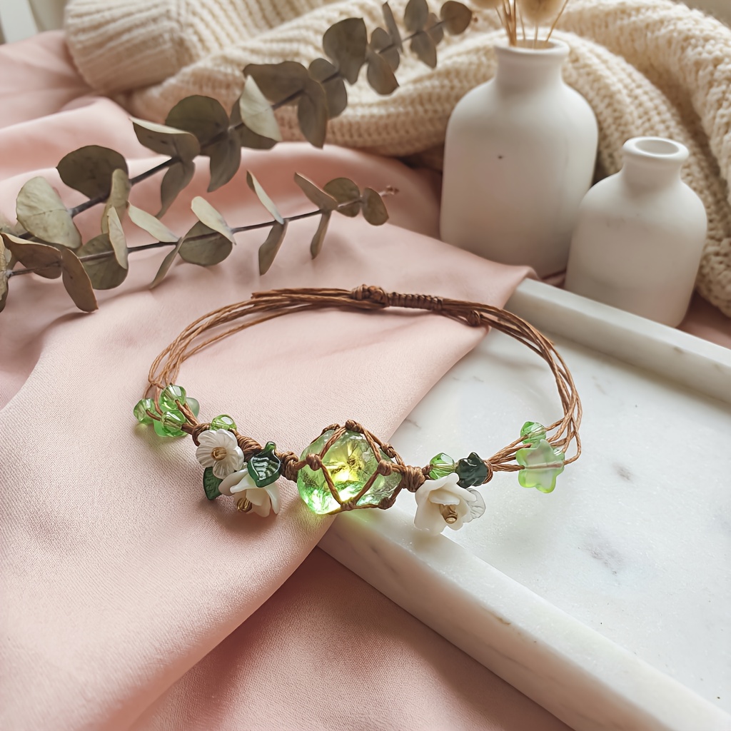 TEMU 1pc Artificial Crystal Bead Bracelet - Adjustable Knot Flower, Hand-braided For Women, Valentine's Gift, Birthday Jewelry, -chic Daily Wear,