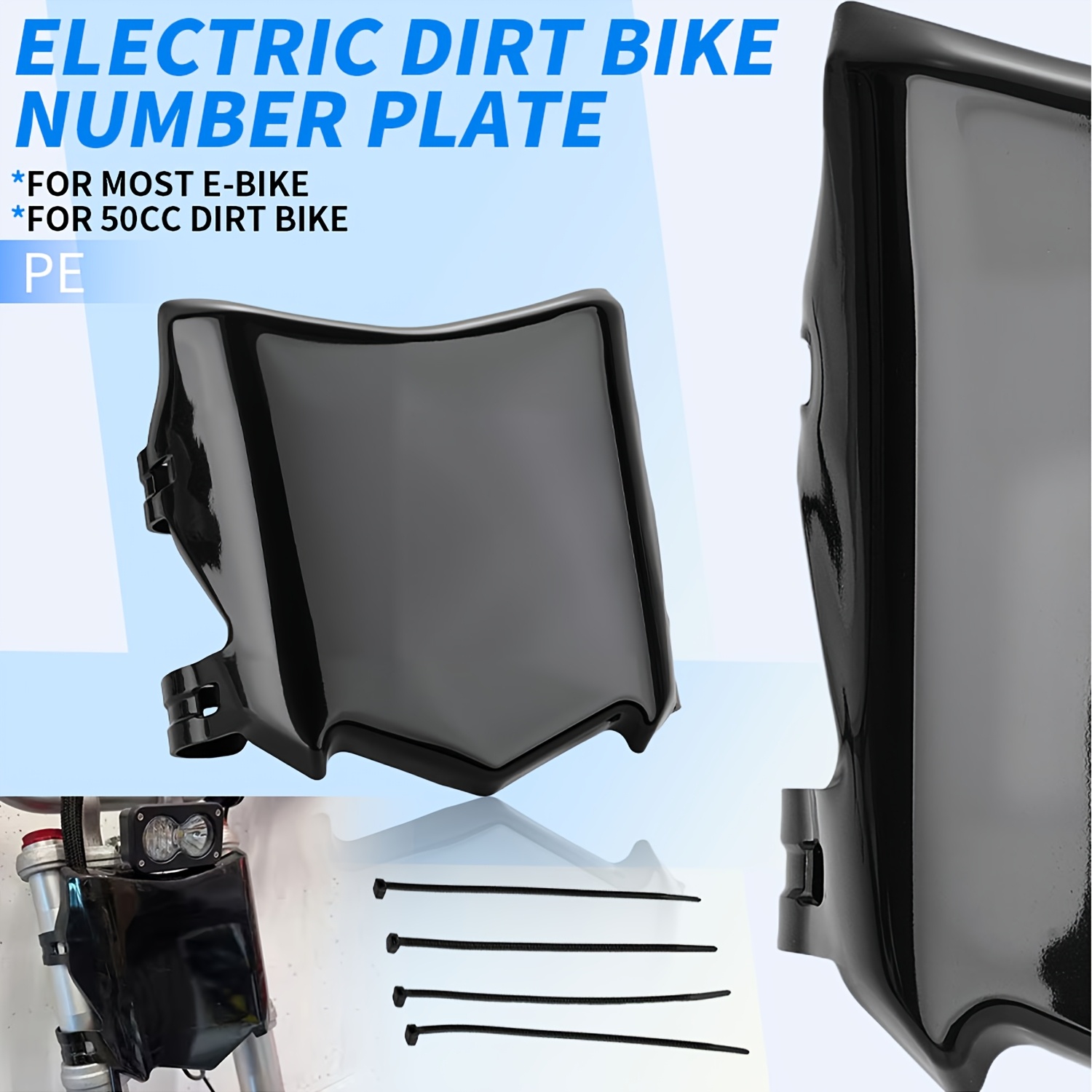 TEMU E-bike Front Number Plate Thick Plastic License Plate Frame With 4x Zip Ties Motocuts Plate Black For Electric Dirt Bike Plate For Q20