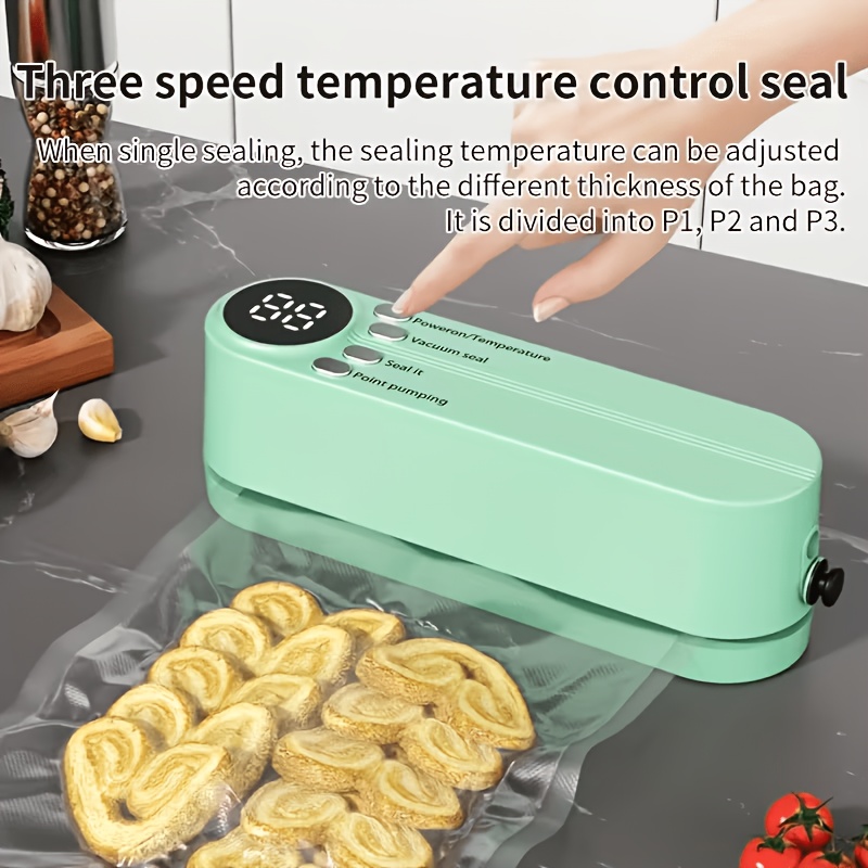 Sellador al vacío inalámbrico compacto portátil para alimentos, sellador de conservación de alimentos ligero, cuerpo fácil de colocar y transportar, sin necesidad de bolsas selectivas, sellado rápido con un botón. Aislamiento de aire a prueba de polvo y humedad, que previene la oxidación y la descomposición de los alimentos