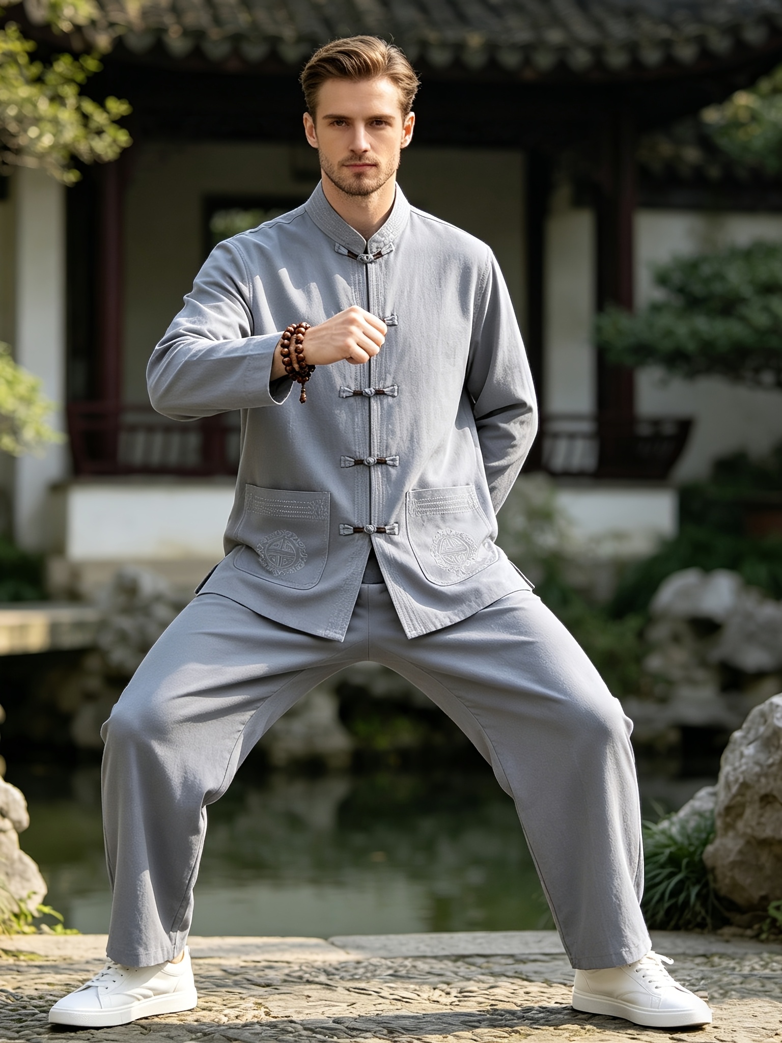 mens spring new chinese tang suit set stand up collar button embroidery two piece outfit retro zen casual   mens suit
