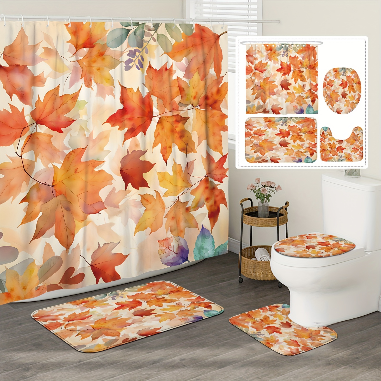 

1pc/4pcs Farmhouse Fall Shower Curtain Sets Orange Mat Toilet Cover Waterproof Polyester 71*71inch With 12 Hooks Fall Shower Curtain Washable Bathroom Or Bathtub Decorative