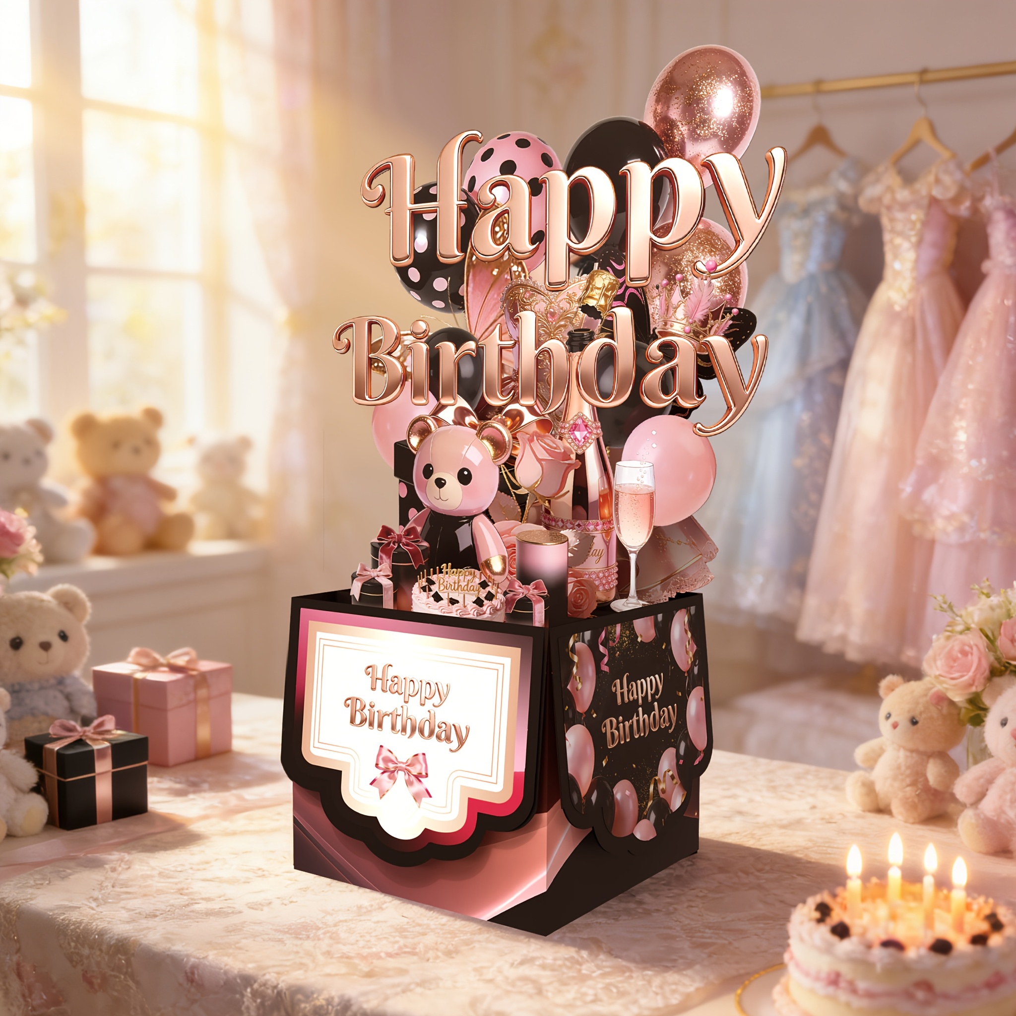 E-shop 3D Pop-Up Geburtstagskarte mit Umschlag, rosa Rosen goldene Ballons und Teddybär Geschenkbox, Party Einladung, Geburtstagsgeschenk, Vatertag,