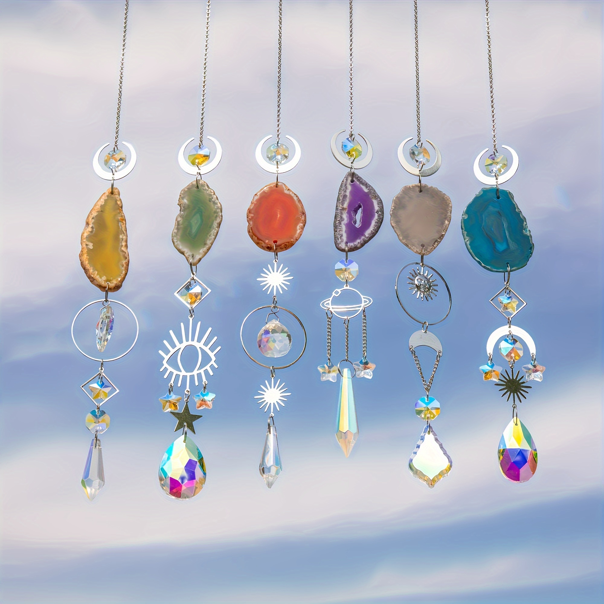 6 Pcs Exquisite Crystal Suncatcher - Indoor Window Hanging Decor with Prisms,Agate Slices,and Colorful Refractions for Home,Garden,and Wedding Decor_voghion.com