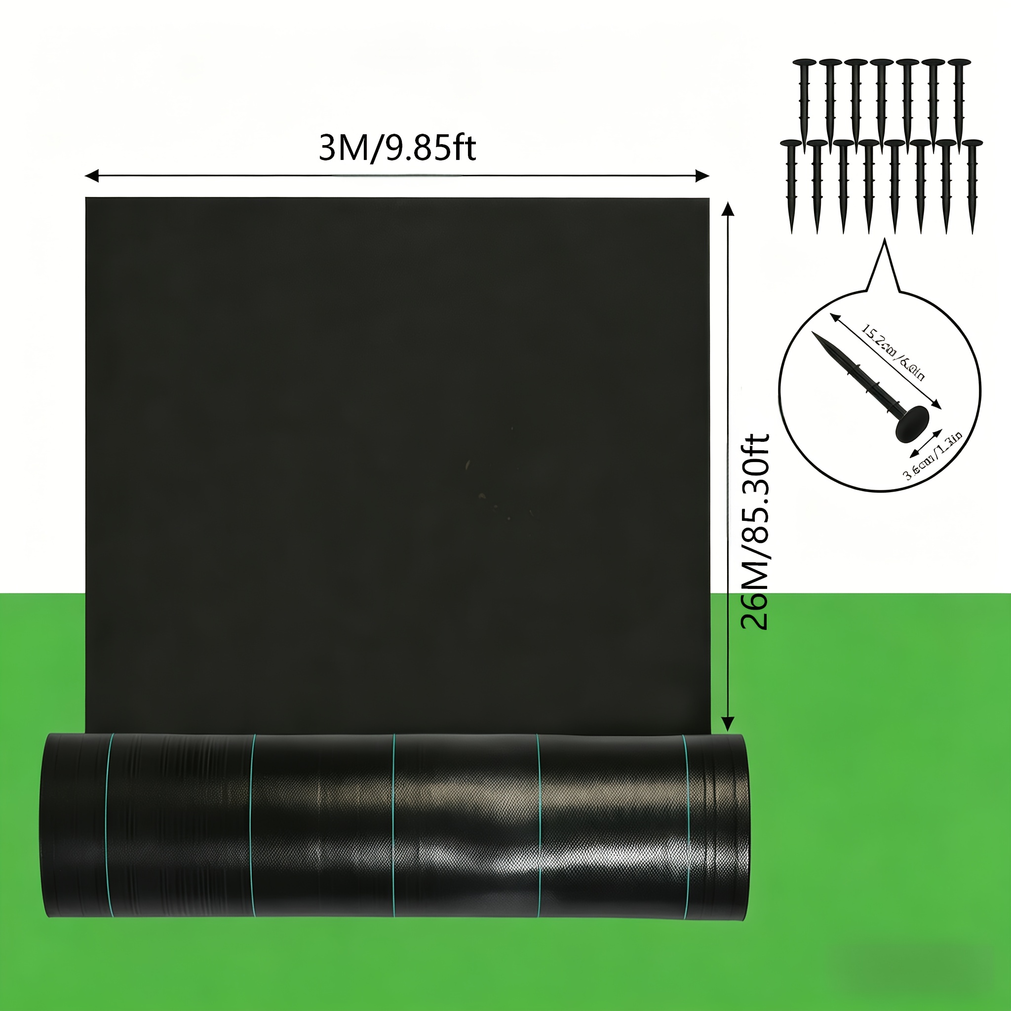 TEMU Heavy-duty Weed Control Membrane, Black Woven Texture With Green Dotted Lines And Anchoring Pins, High-density Polypropylene (hdpp) Fabric, Uv