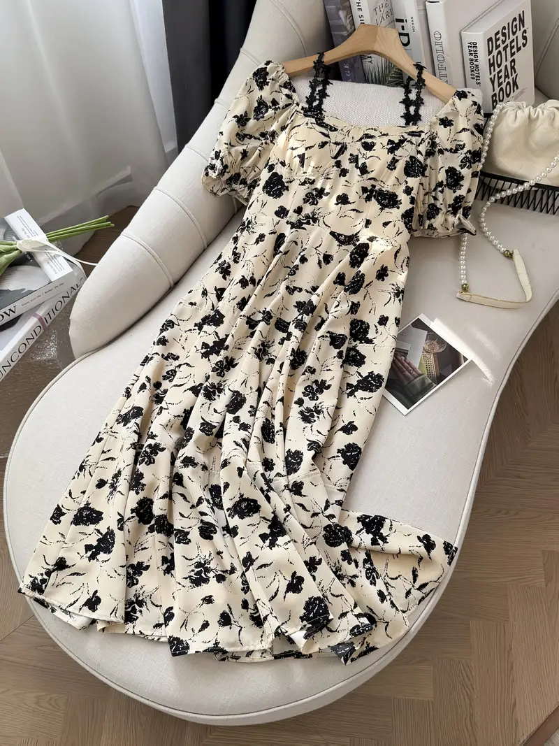 short maxi dresses summer PRETTYGARDEN Womens Summer Puff Short Sleeve Maxi Dress Square Neck Sm