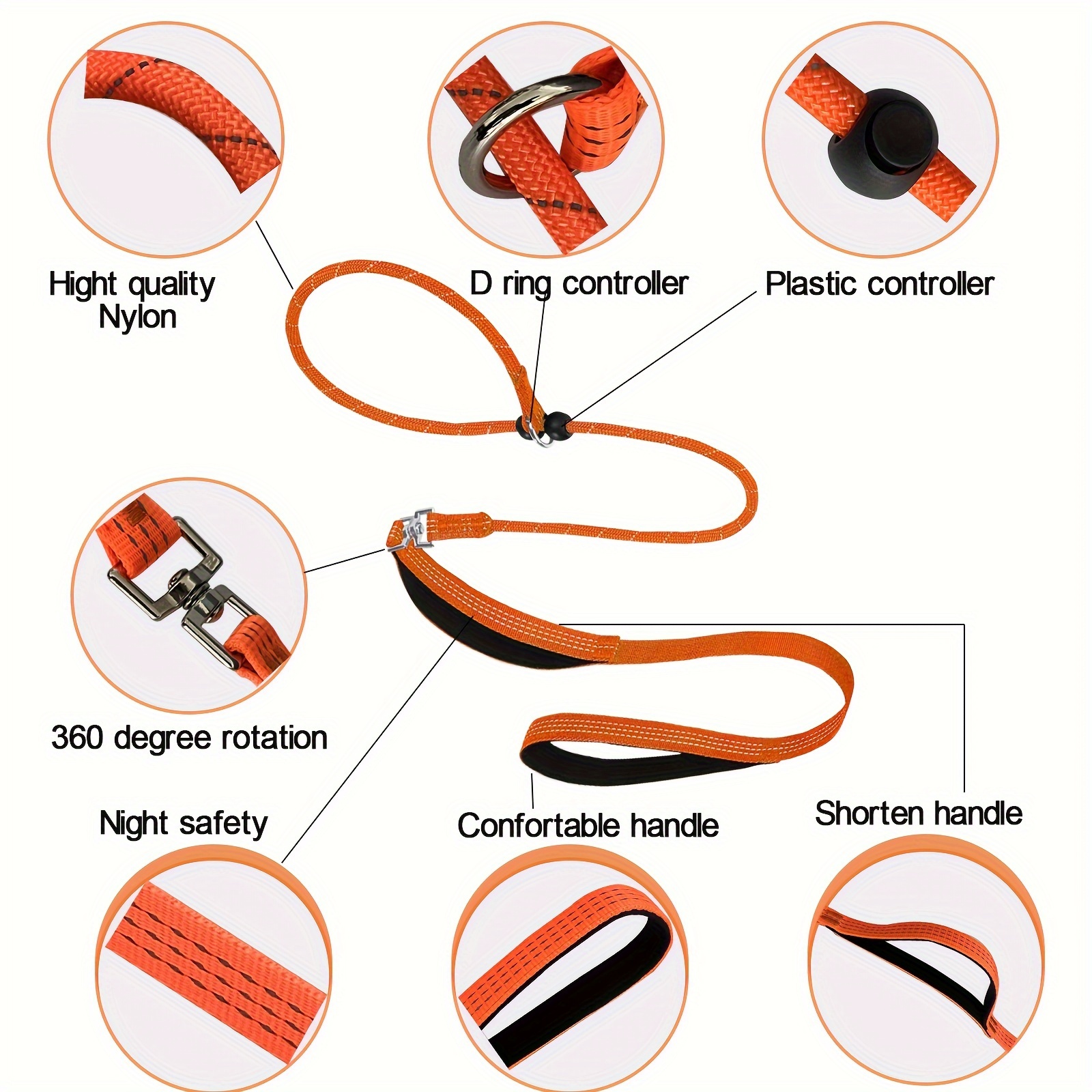 Reflective 2-in-1 Dog Leash and Collar Set - Adjustable Nylon Rope with Soft Padded Handle for Safe Outdoor Walks details 1