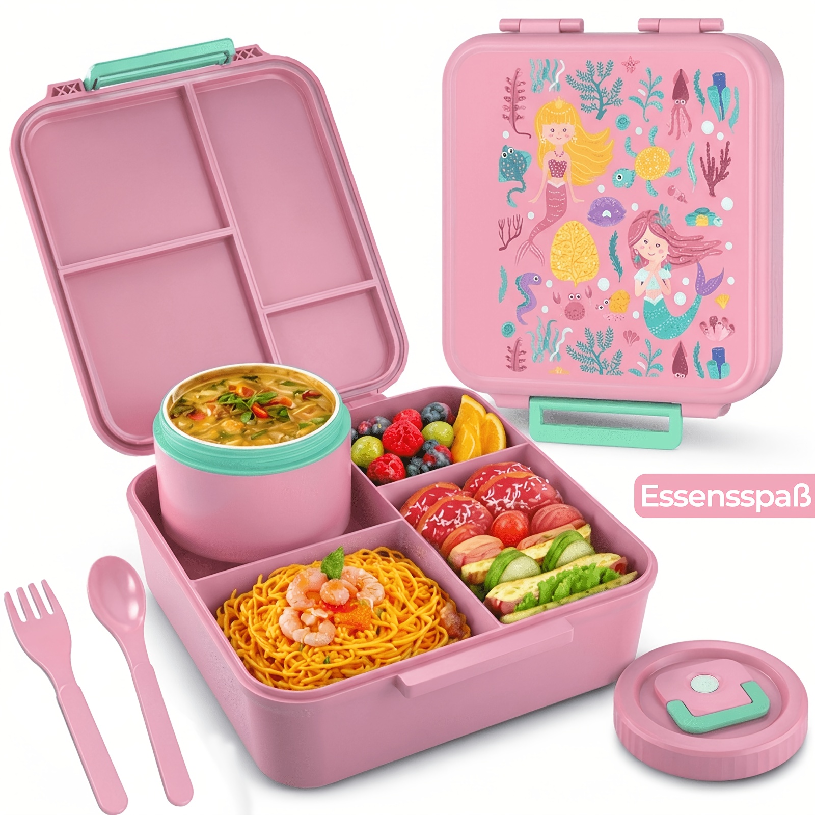 Pink Multi-compartment Lunch Box, Cute Mermaid Theme | Square Food Container, Suitable For School, Work, And Picnics, Perfect For Taking Out Meals With Cute Cartoon Patterns, Hand Washing Care
