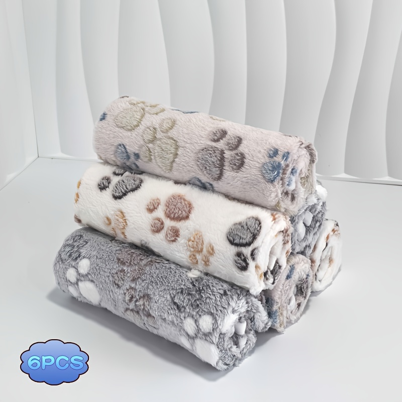 TEMU 6pcs Set Of Fluffy Soft Comfortable Fleece Pet Blankets, Universal With Paw Print Pattern, Machine Washable Car Sofa Cushion - Suitable For
