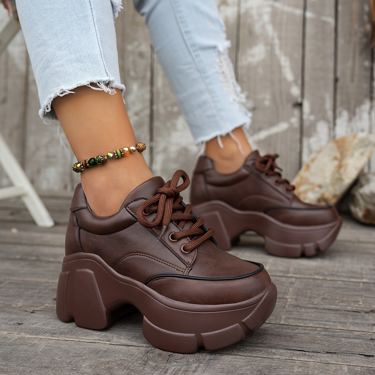 Women'S Retro Chunky Platform Sneakers Brown Synthetic Leather Lace-Up  Shoes with Rubber Sole, Height-Boosting Design, Casual to Formal Wear, A