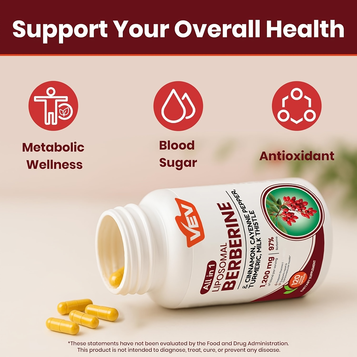 VEV Berberine Capsules with Ceylon Cinnamon, Cayenne Pepper, Turmeric & Milk Thistle Supplement, 1 Bottle