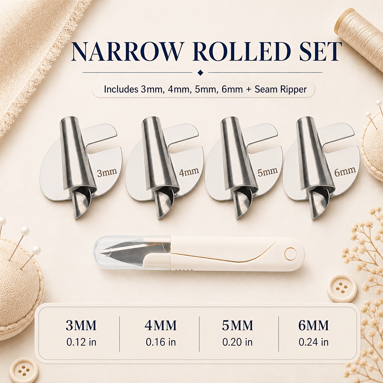 TEMU 5pcs Universal Sewing Rolled Foot & Scissors Set - [3-10mm] - Wide Rolled Hem Pressure Foot, 4.3inch Sewing Scissors, Yarn Thread Cutter Small