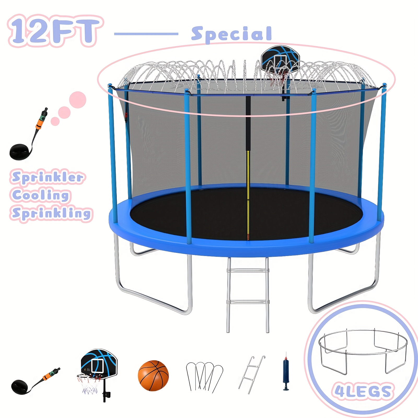 14ft/12ft/10ft Outdoor Kids Trampoline with Water Spray Device, Equipped with Safety Net and Heavy-Duty Rust-Resistant Frame, Suitable for Children and Adults, Includes Basketball Stand and Ladder Blue