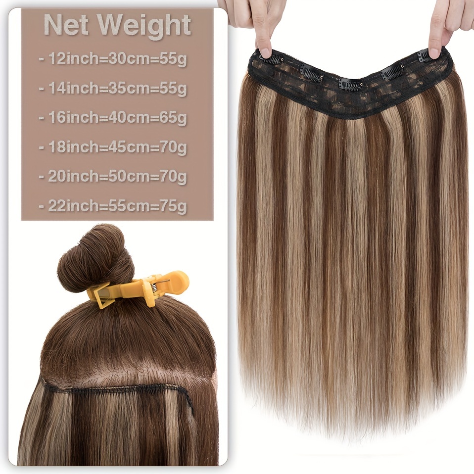 1pc v shaped clip in weft hairpiece 100 real   human hair extensions 12 20 straight   blonde 3 4   volume natural look for   women hair extension accessory secure clip attachment details 1