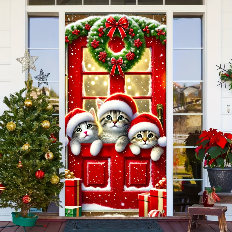 

1pc Christmas Cat Door Cover - Polyester Door Decor With Kittens In Santa Hats, , No Electricity Or Batteries Required, Ideal For Christmas And Birthday Party Decorations, 35.4x70.8 Inches