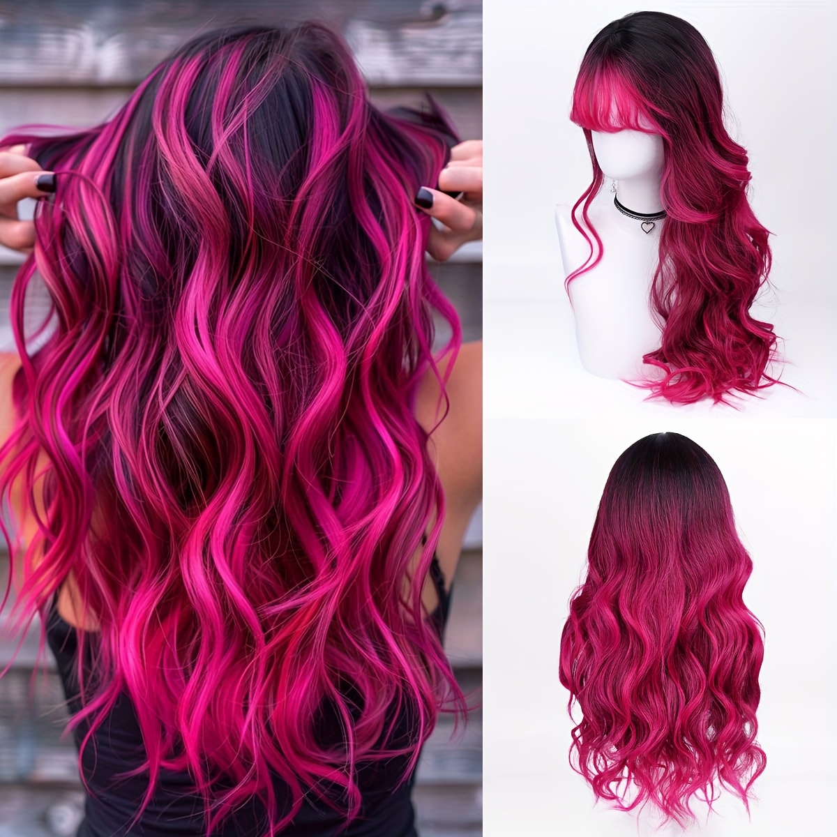 TEMU 28 Inch Dragon Wigs For Women Long Wave Wig With Bangs For Women Synthetic Heat Resistant Wig For Daily Use