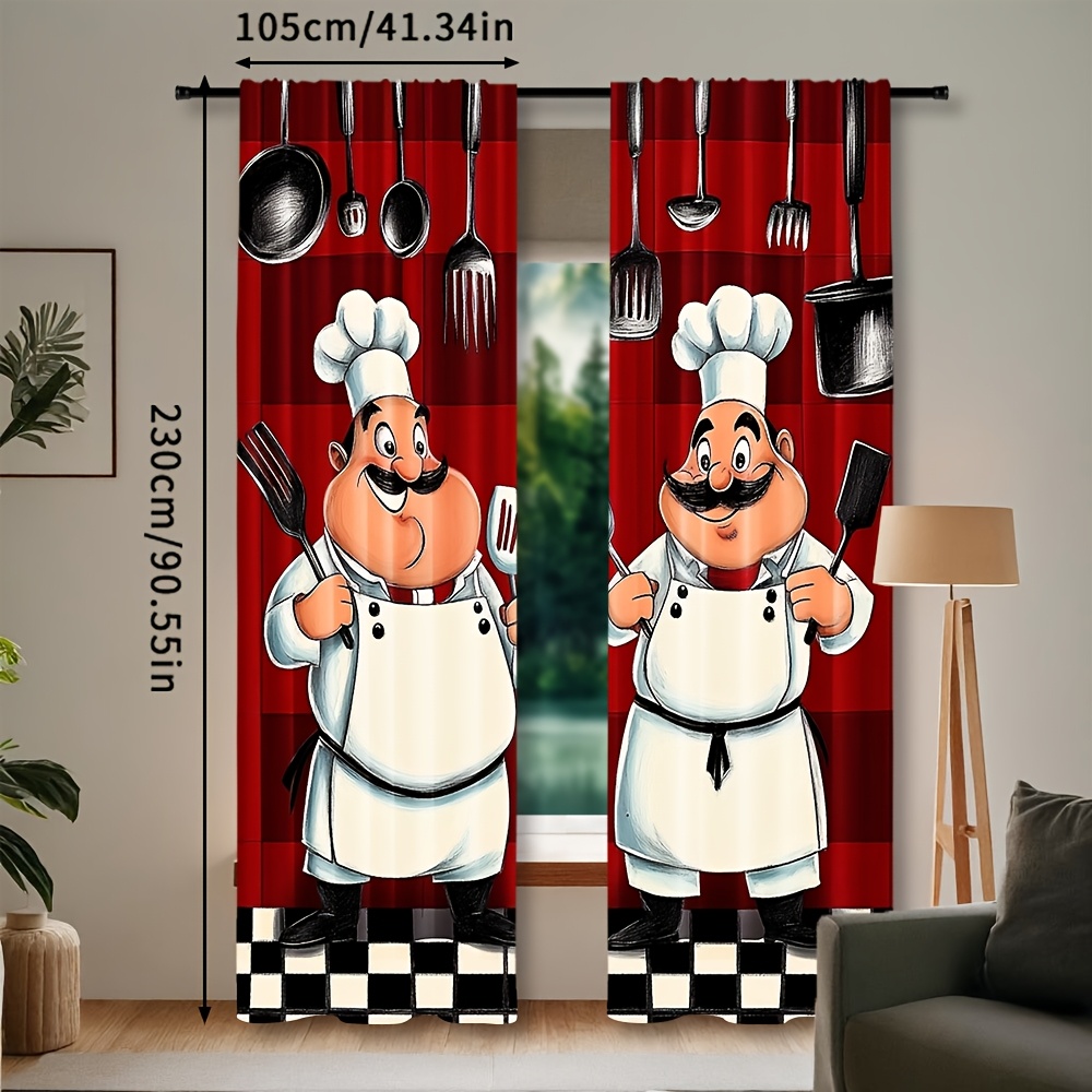 TEMU Set Of 2, Chef-themed Kitchen Window Curtains Featuring A Plump , Suitable For Bedrooms And Living Rooms, With A Red And Check Pattern