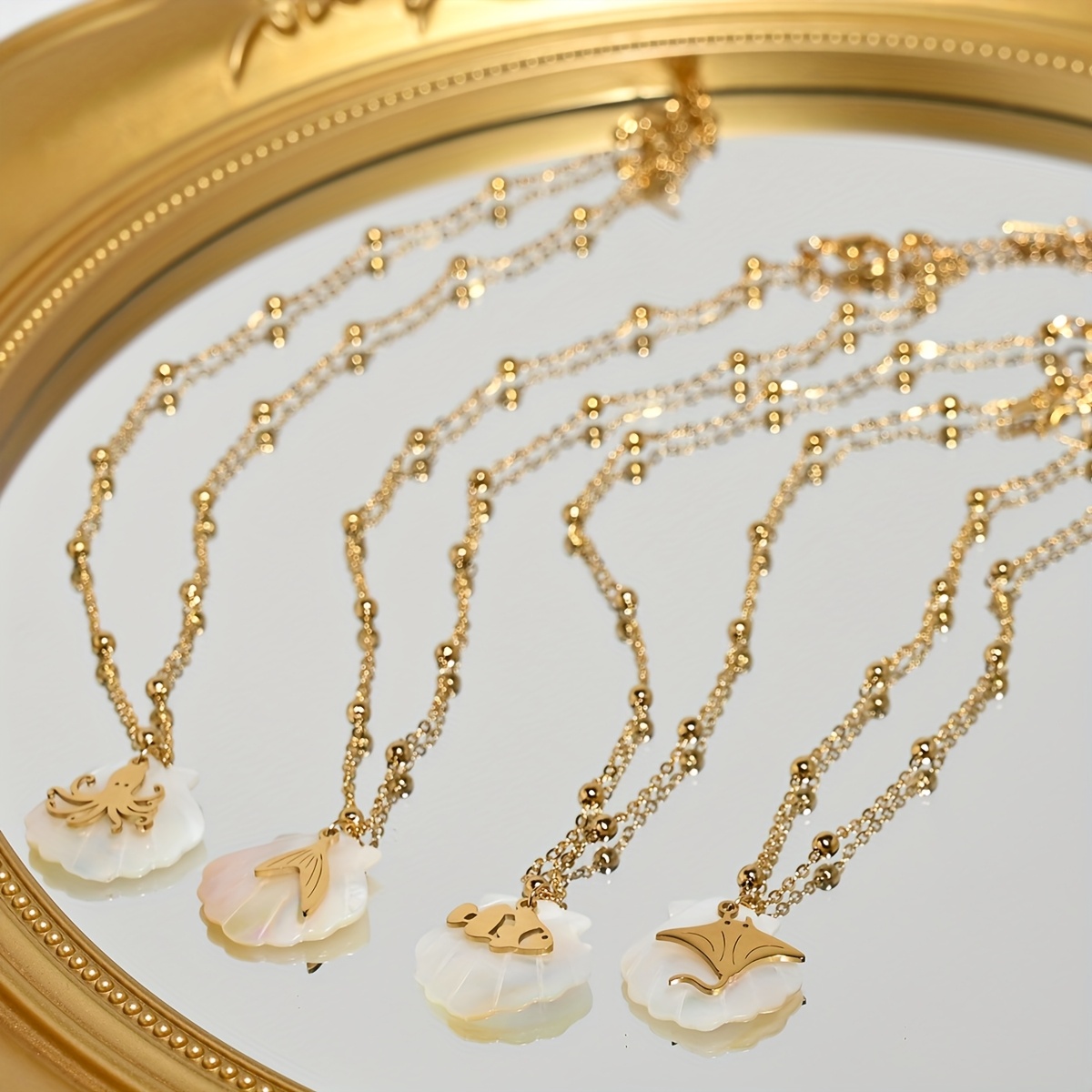Ocean Series Golden Bead Chain Necklace with Seashell & Devil Fish