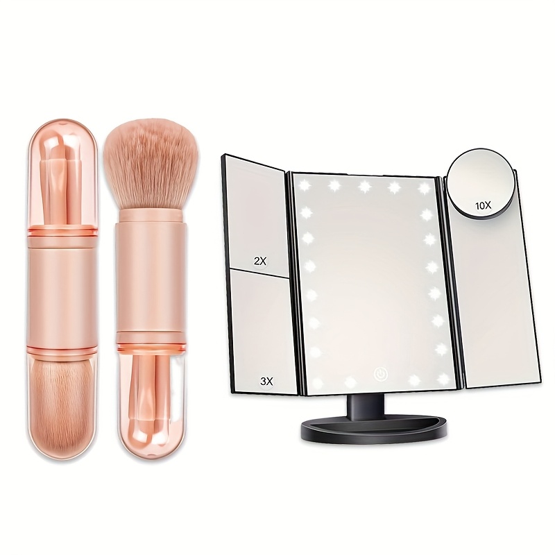 TEMU Makeup Mirror With Light (comes With A Set Of 4-in-1 Makeup Brush), 2x 3x 10x Magnification, Illuminated Makeup Mirror, Touch Sensitive, Triple