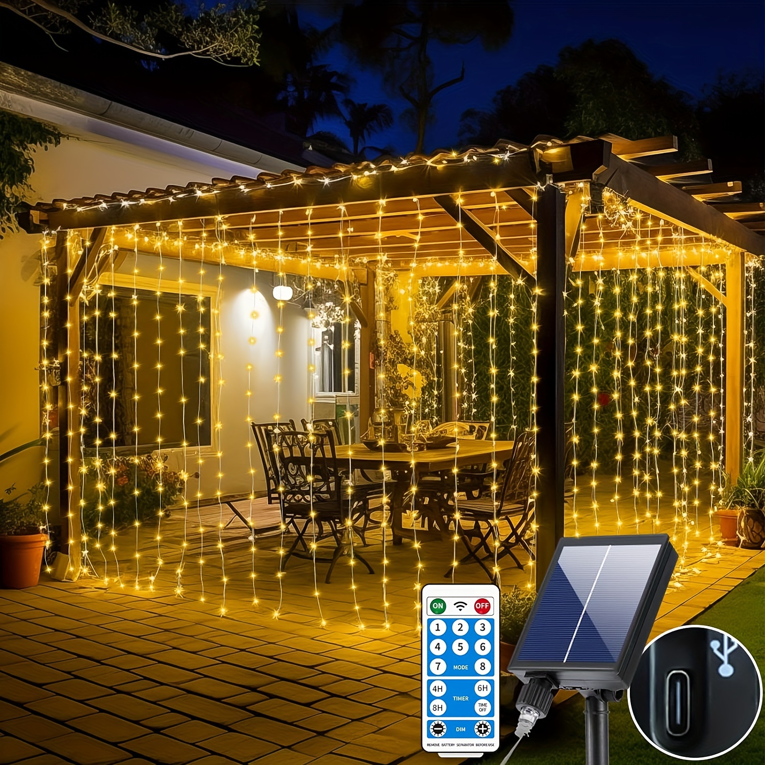 TEMU Solar Curtain Lights Indoor Outdoor 600 Led Waterfall Fairy Light String Lights With 8 Remote Type C Charging Brightness Adjustment Timing