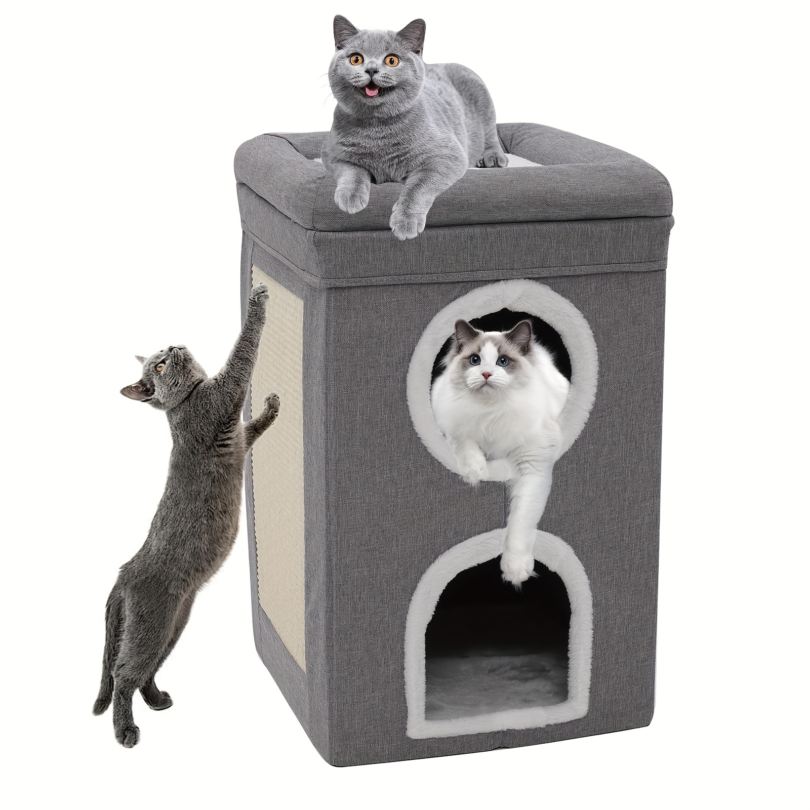 Căsuță Modernă pentru Pisici cu 2 Etaje, Placă de Ascuțit Unghii, Peșteră Secretă și Tunel - Mobilier Cat Foldabil Cu Perne Moale, Asamblare Ușoară și Rezistentă – Condominium Multi-Nivel Pentru Cățărare, Joacă Și Somn În Interiorul Casei Design Compact Potrivit Atât Puilor De Pisică Dator, Ascunzătoare pentru pisici,Mobilier pentru pisici din fetru