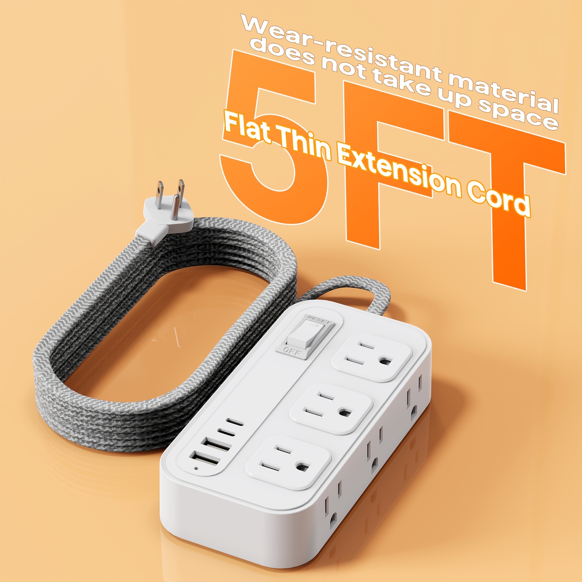 TEMU 6-outlet Protector Power Strip - Extra-long 5ft Cord, Slim Flat Extension Cord, 4 Usb Ports (2 Usb C), Compact Flat Plug, Durable Braided Power