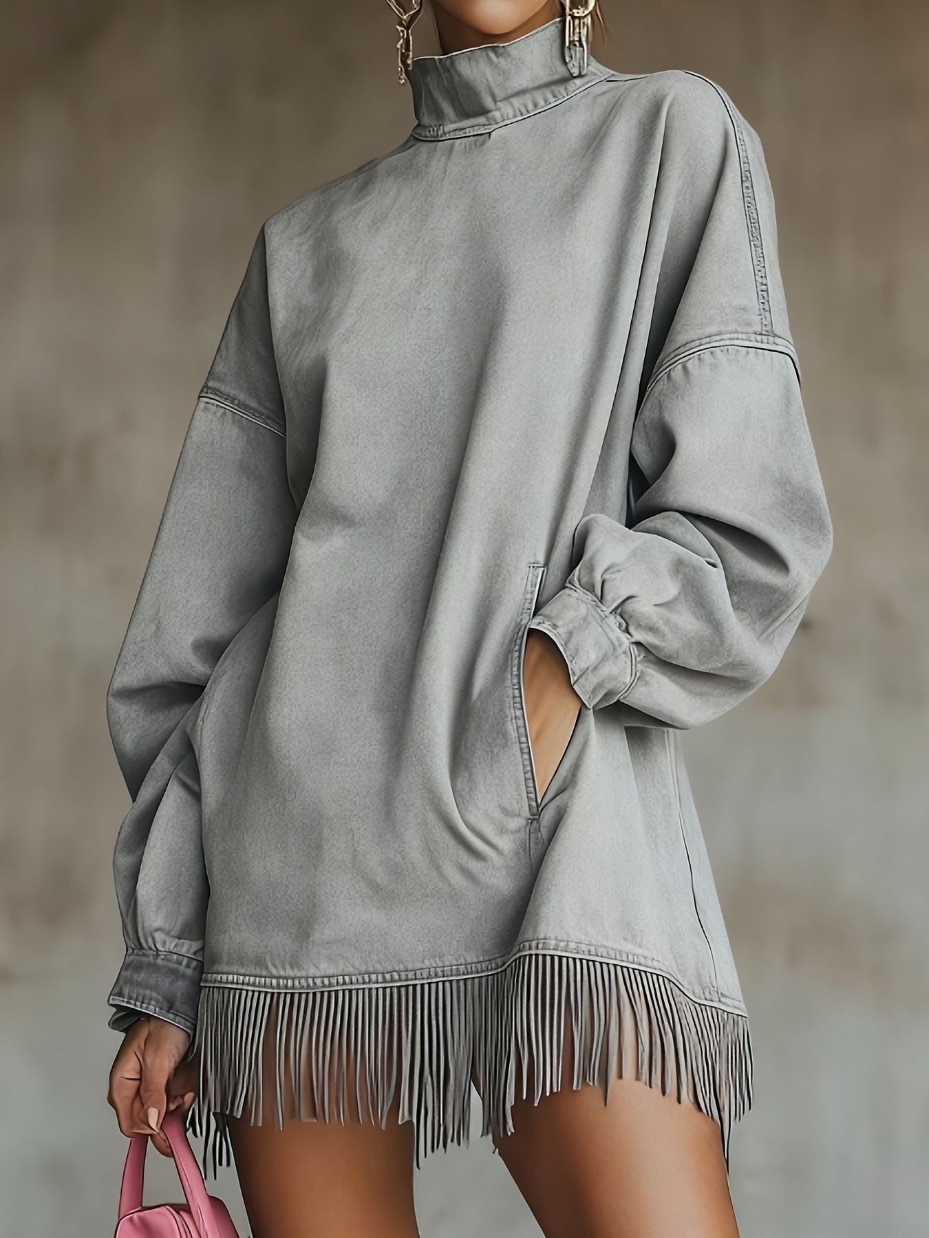 Chic Minimalist Long Sleeve Turtleneck Dress Fringed Hem
