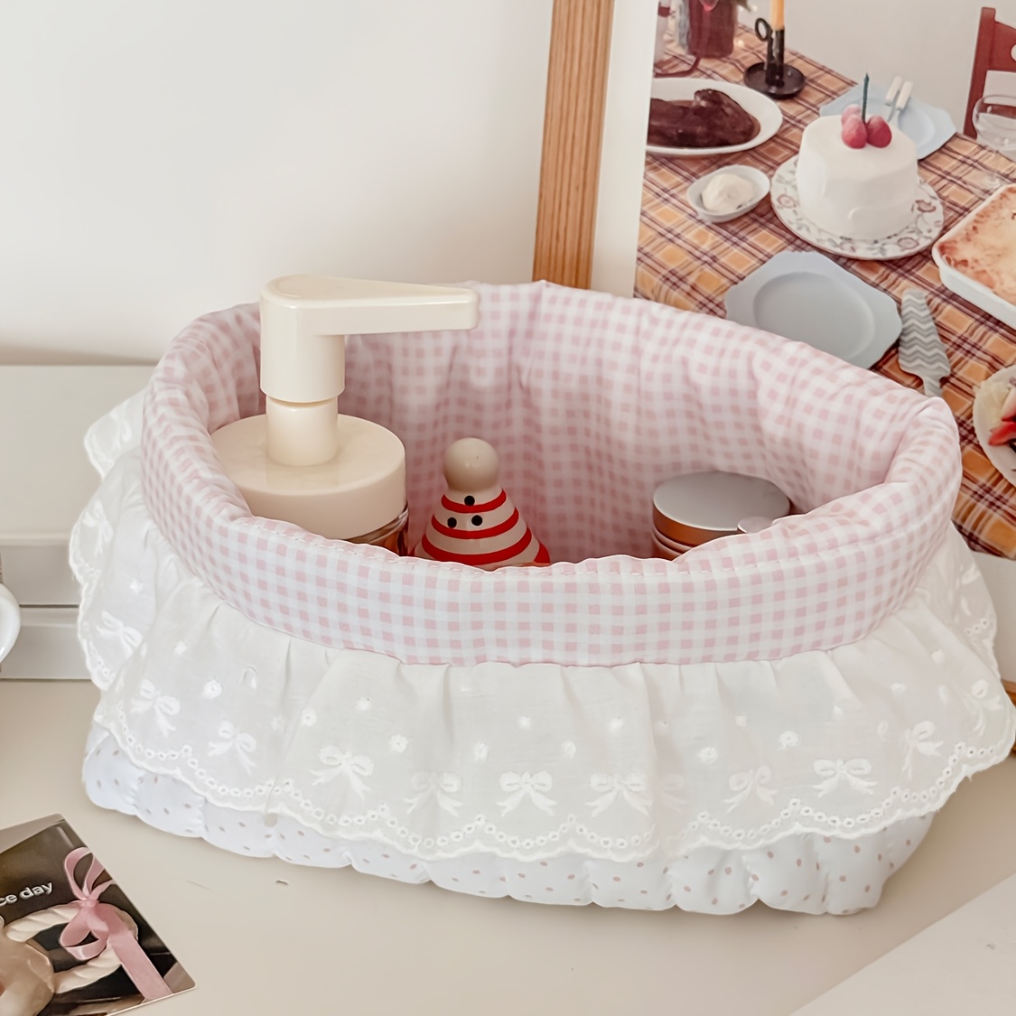 TEMU Storage Basket Soft Cloth Surface Handheld Square Checkered Polka Dot Print Decor Large Capacity Desktop Storage Bag Home Dorm Universal Fragile