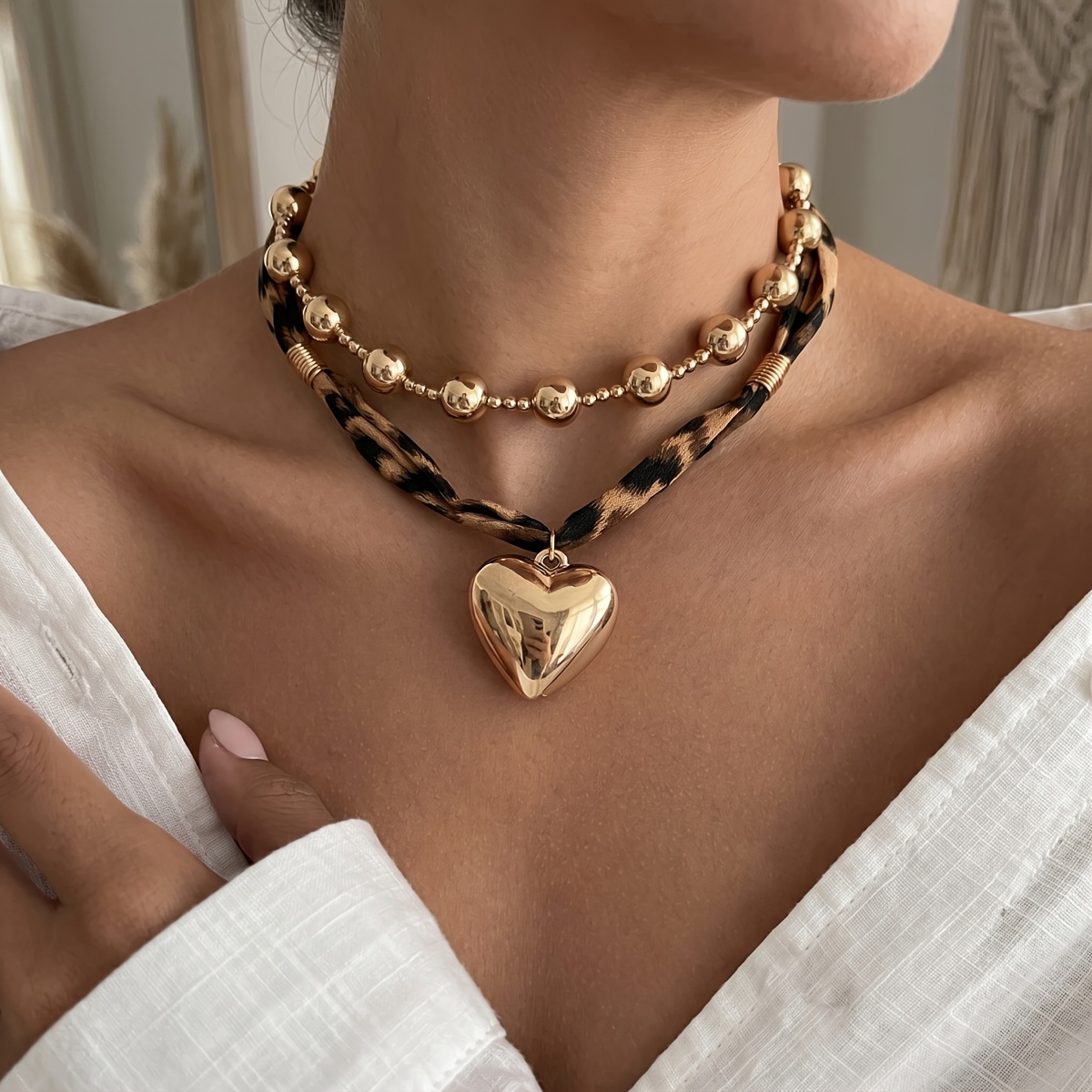 TEMU 2pcs Heart-shaped Fabric Pendant Necklaces, Leopard Print Scarf Layered Jewelry For Women, Suitable For Holiday Casual Party Wear