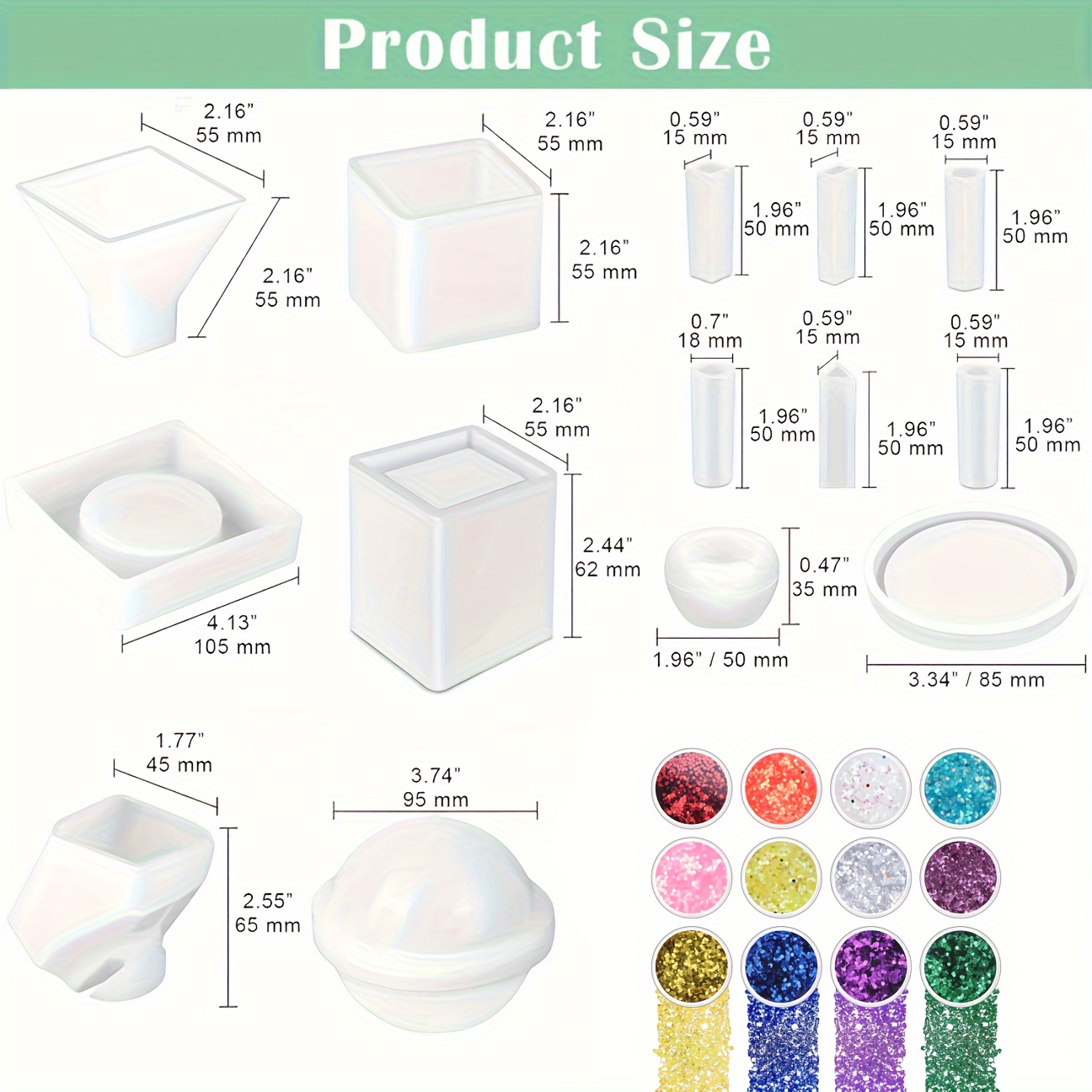 26pcs silicone resin molds kit epoxy molds large casting with 12 glitter sequins for uv casting including sphere cube pyramid square coaster stone pendants