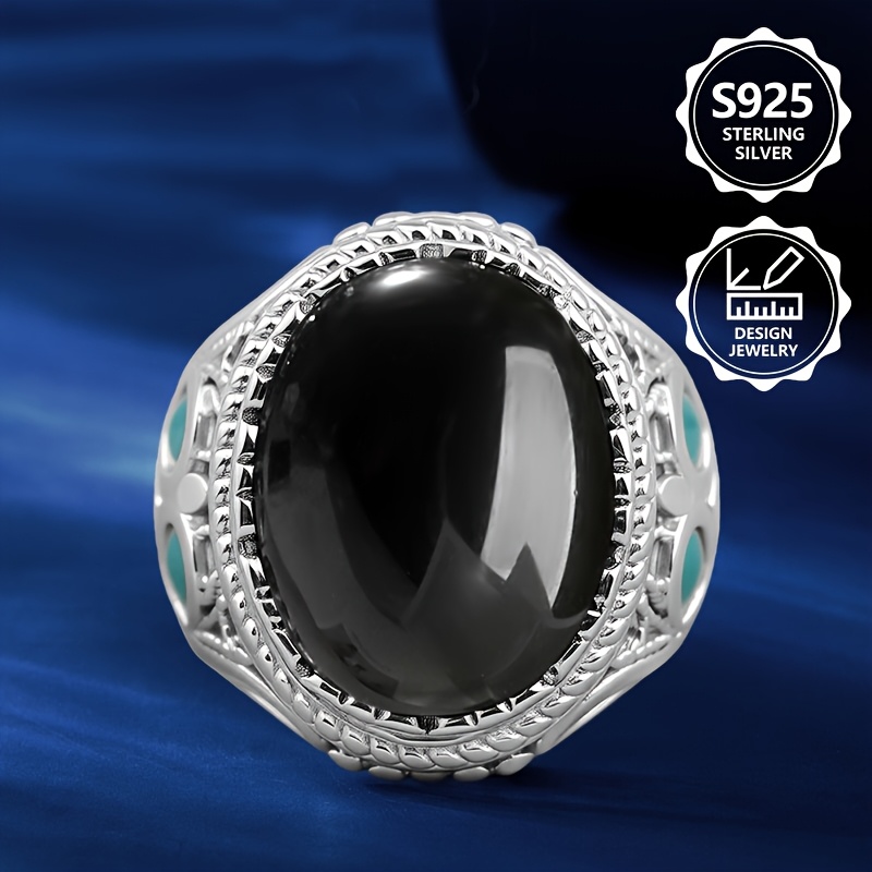 Image of 925 Sterling ' Exquisite Fashion Ring, Elegant, Stylish, Inlaid With Black Agate, Suitable For Daily Wear, A Souvenir Gift For Family And Girlfriend