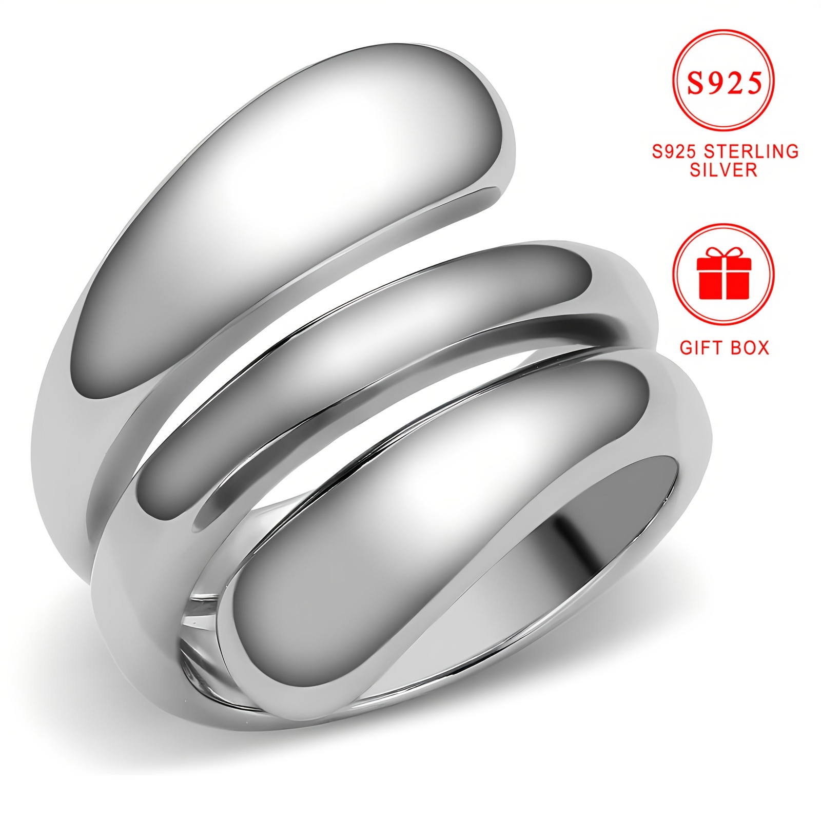 

Large Ring With Multiple S925 Silver, Low Allergy, Nickel-free, European And , Exaggerated Polished Geometric Ring, High-quality Jewelry, Daily Accessories, Party And Holiday Gifts, Gift Box