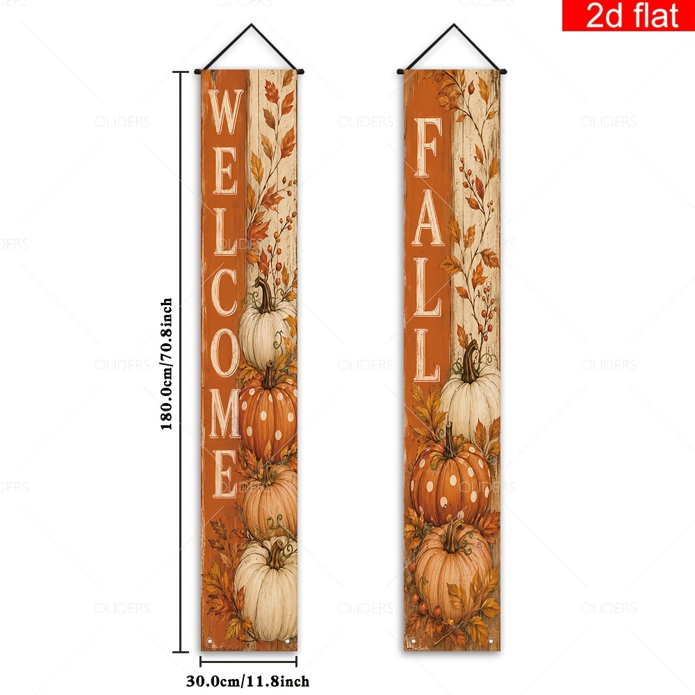 TEMU 2d Flat, 2d Flat Banner, 2pcs Welcome Fall-themed Front Porch Sign Party Banners,, Vintage Orange And White Wood Grain Polka Dot Pumpkin Maple