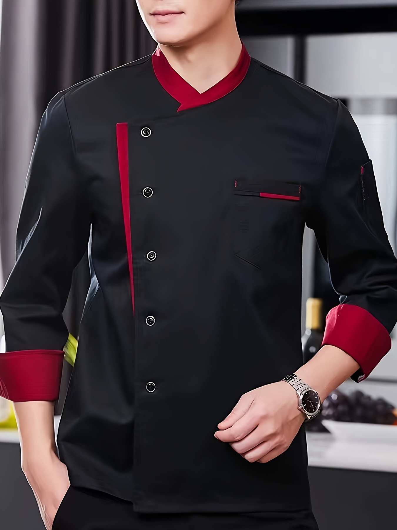 Professional Long-Sleeve   Uniform - Durable Polyester with Black Trim & Button Details, Unisex Design for Restaurants, Bakeries, Cooking Schools - Machine Washable, Multiple Colors, Restaurant Attire, Elegant  , Nonstretch Fabric