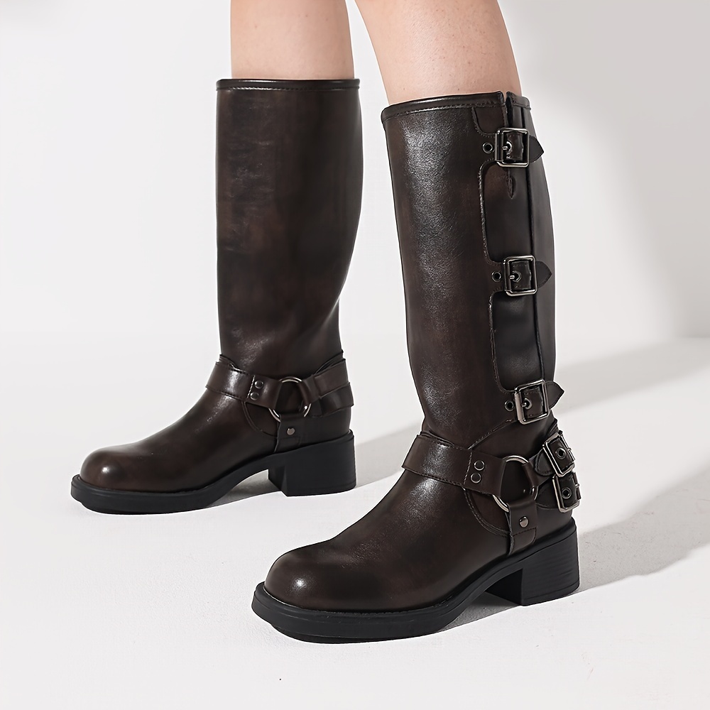 women's motorcycle knee high boots vintage metallic buckles
