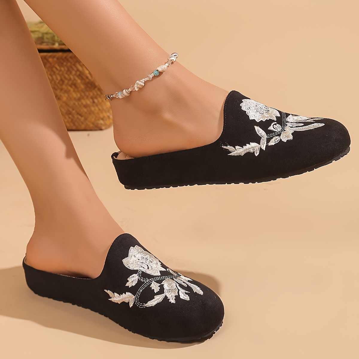 

Elegant Women' Embroidered Floral Mules - Soft Sole, Slip-on Flat Shoes With , Cover For Comfortable Wear, Ladies Shoes