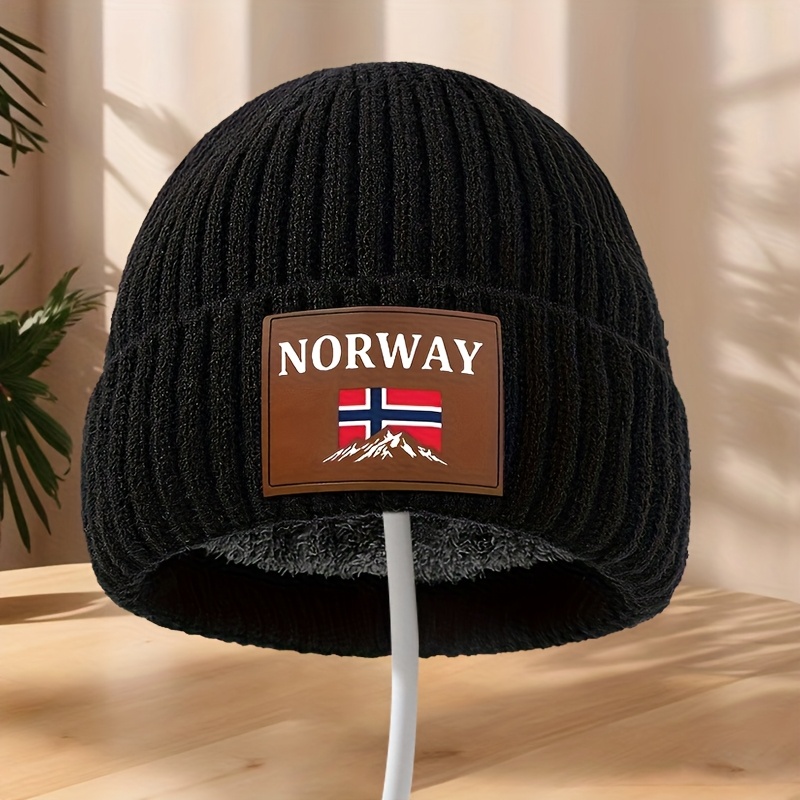 Image of Fun Letter Faux Leather Beanie Unisex Outdoor Pullover Hat Soft Comfortable Brimless Casual Fashionable All-match Autumn Winter Fleece Warm Hat Trendy