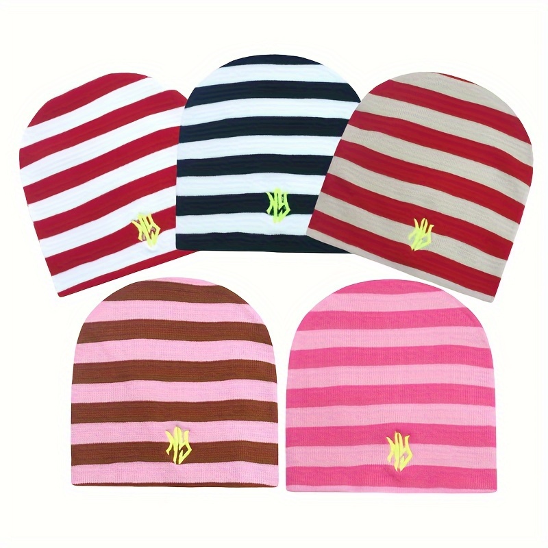 

Acrylic Striped Beanie Hat Unisex - Y2k Fashion Knit Cap Hip-hop Style With Embroidered Logo, Ski Friendly, , Machine Washable