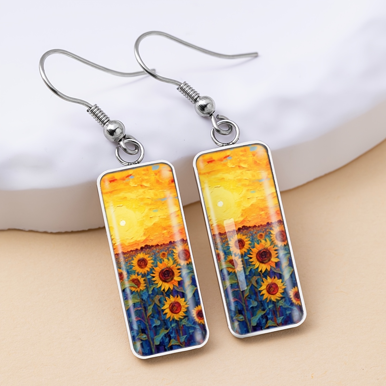 Women's Pastoral Sunset Sunflower Floral Pattern Long Earrings