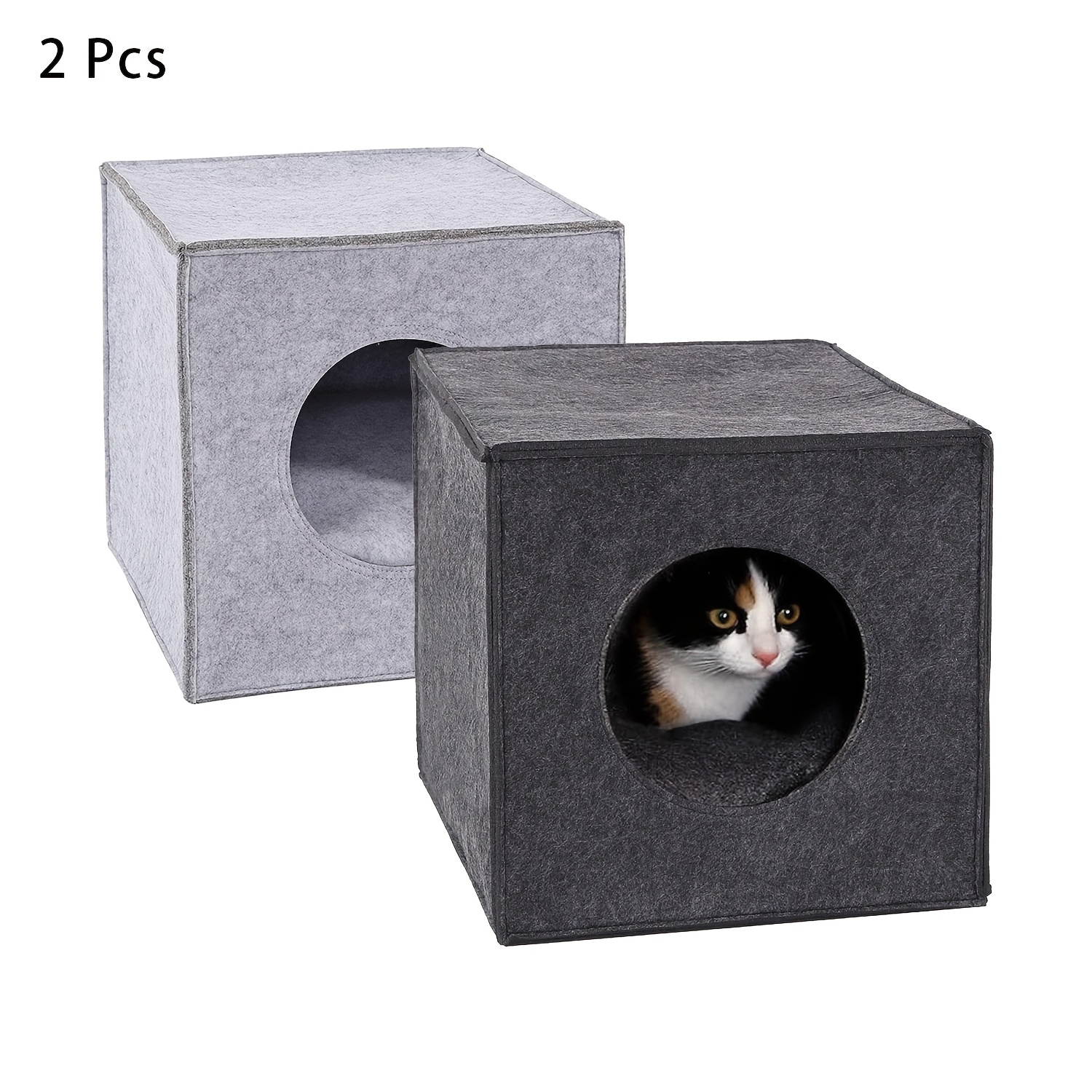 Set Of 2 Felt Cat Caves With Cushions, Cozy Foldable Shelters For Cats, Includes 1 Dark Gray And Gray