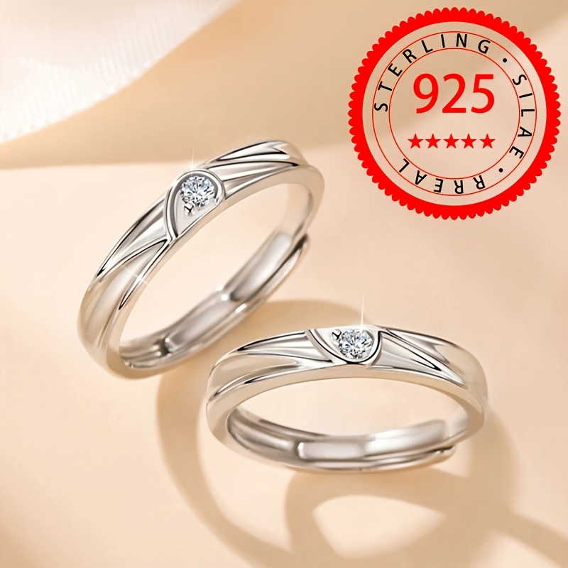 Image of 1 Pair Of S925 925 Light Ripple Stitching Heart-shaped Open Adjustable Ring High-quality Jewelry Wedding Banquet Party Wear Approximately 8.4 Grams