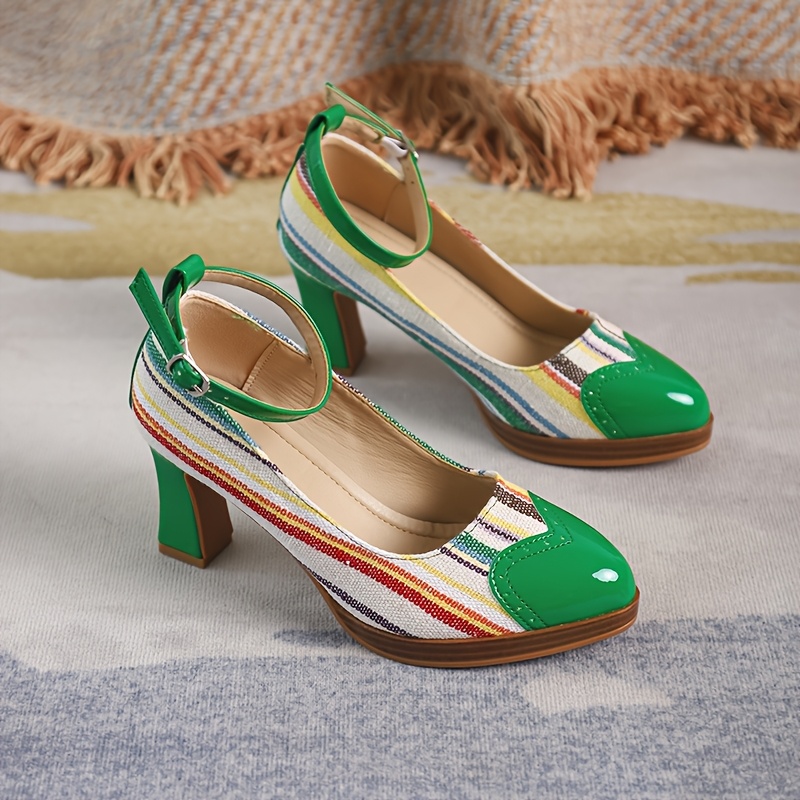Women's Retro Platform Mary Jane Shoes with Chunky Heel & Multi-Color Striped Design - Round Toe Faux Cover/Fabric Upper, Green/Beige/White/Black/Brown, Comfortable Block Heel & Arch Support, All-Season Casual to Formal Dress Shoes - Vibrant Striped Pattern, Chunky Heel  Cushioned Insole, TPU Sole, Versatile for Casual Attire, Retro Style with Mary-Jane Strap & Buckle Closure, Sparkly Shoes for Women, Petite Pointed High Heel Shoes, Beige Shoes for Women Elegant Classy,