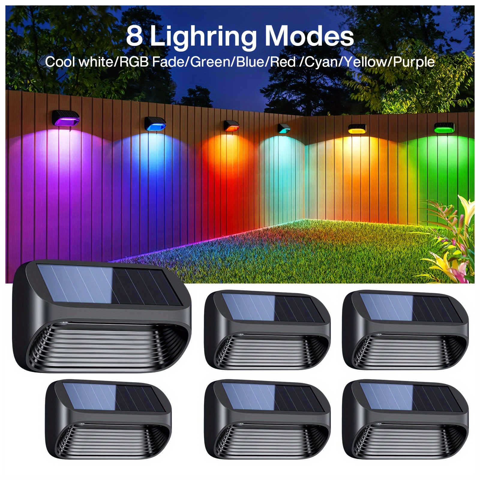 TEMU Solar Fence Lights Outdoor 6 Pack, Solar Deck Lights Outdoor With Cool White/rgb Fade/rgb Fixed Mode, Solar Step Lights Solar Stair Lights For