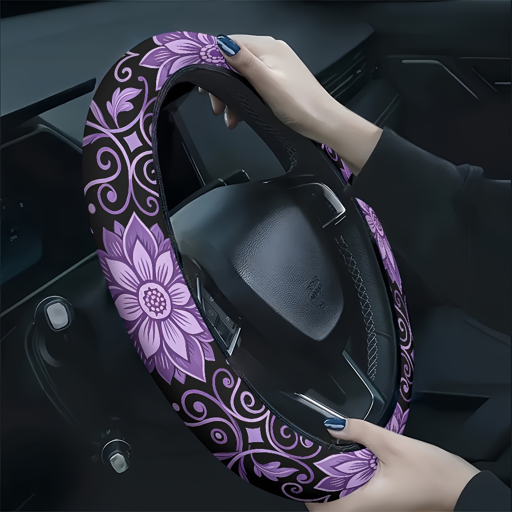 TEMU 1 pièce Housse de volant de voiture à motif de florales violettes, douce et respirante au , réduit la fatigue des mains, convient à toutes , un