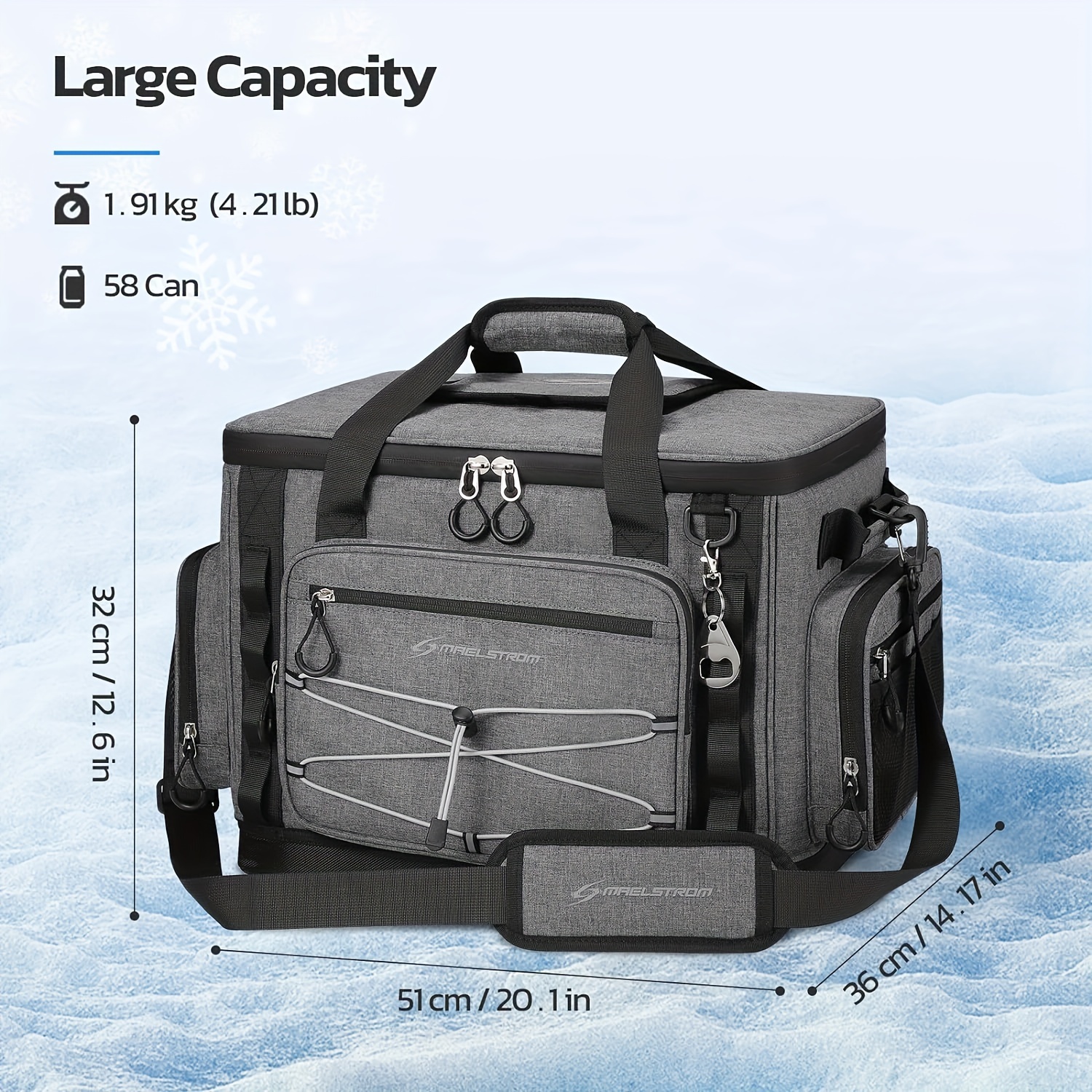 Maelstrom 58 Can Insulated Cooler Bag with Hard-Bottom, Wheels & Multiple Compartments - Durable Gray PVC Construction, Ergonomic Handles & Shoulder Straps for Camping, Tailgating, Outdoor Adventures