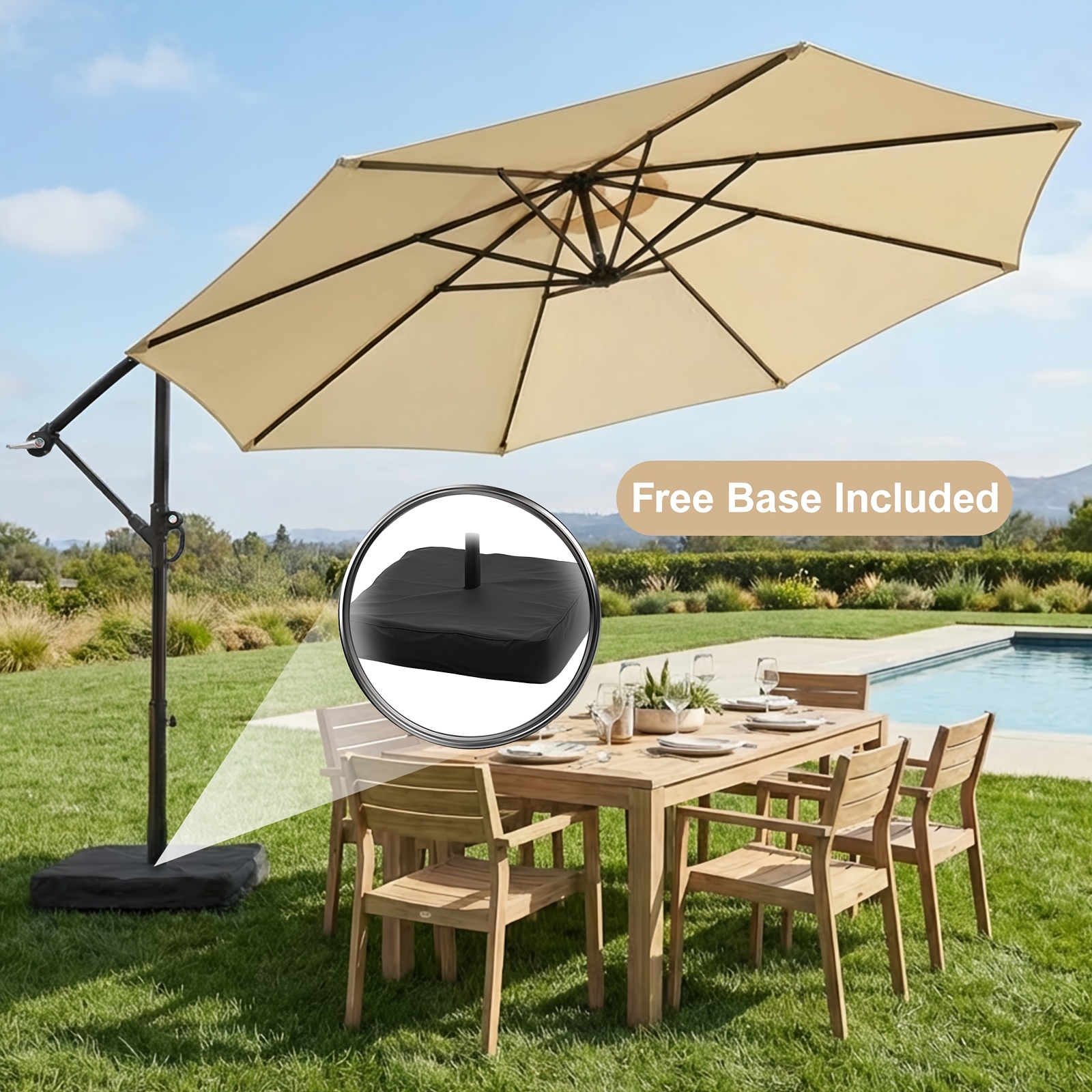 10-Foot Patio Offset Umbrella with a Base, Cantilever Design, Featuring a Crank And Cross Bases, Suitable for Outdoor Use, Heavy-Duty Construction, Includes Push Button Tilt, Perfect for Christmas And Halloween
