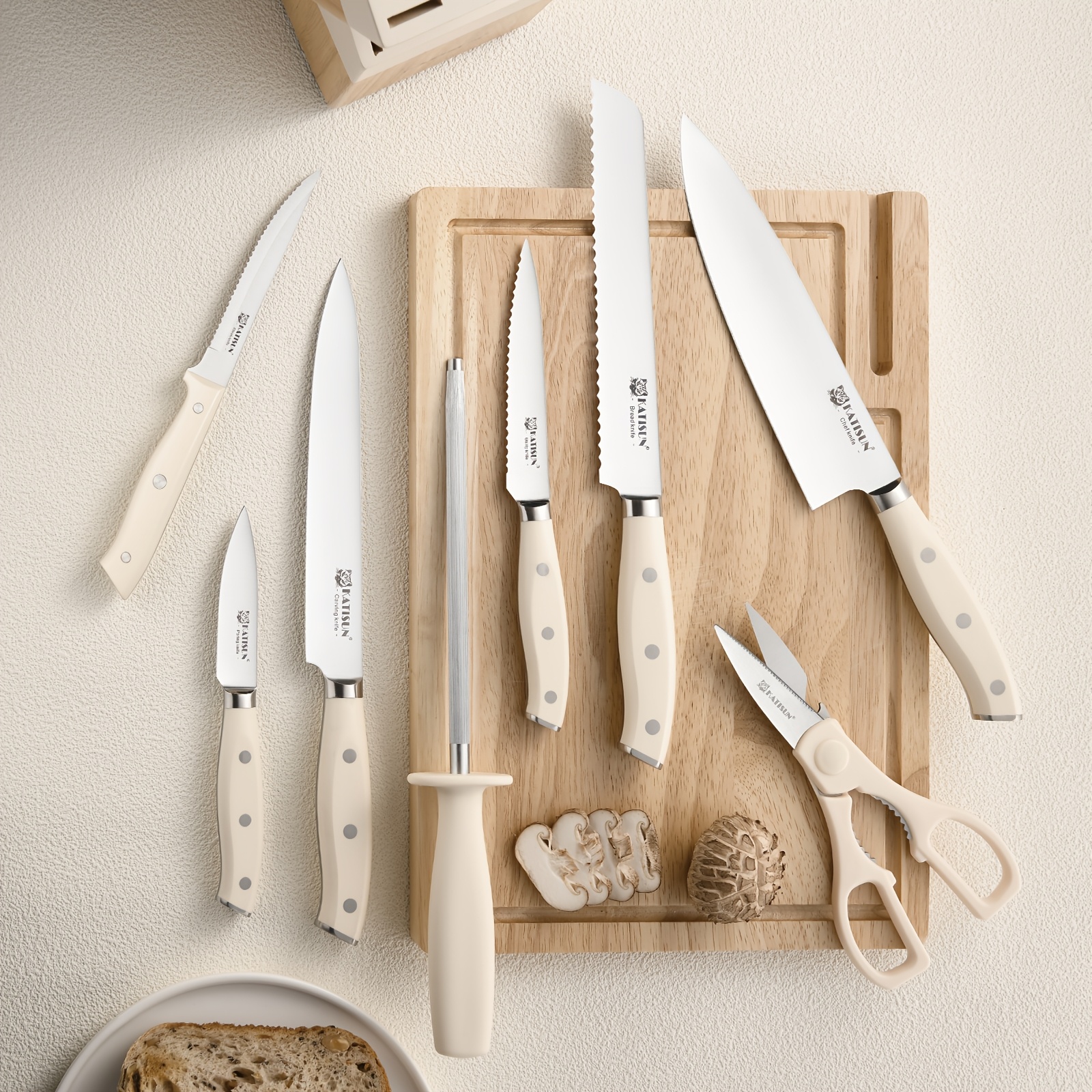 Professional-grade 14pcs High-carbon Stainless Steel Knife Set In Creamy White. Exceptional Sharpness, Includes Wooden Knife Block And Kitchen Shears. All Knives Feature Non-slip Ergonomic Handles. Ideal for Home Use, Travel, Or As A Gift.